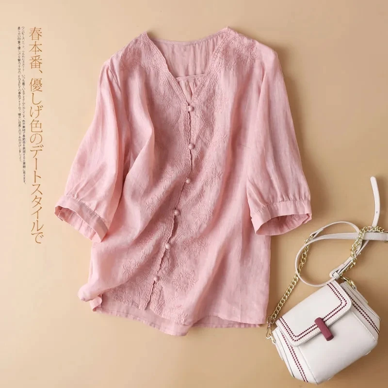 

White Pink Summer Women Tops Button Up Cotton Linen Blouse Retro V-neck Embroidery Shirt Pullover Casual Office Long-sleeve Top