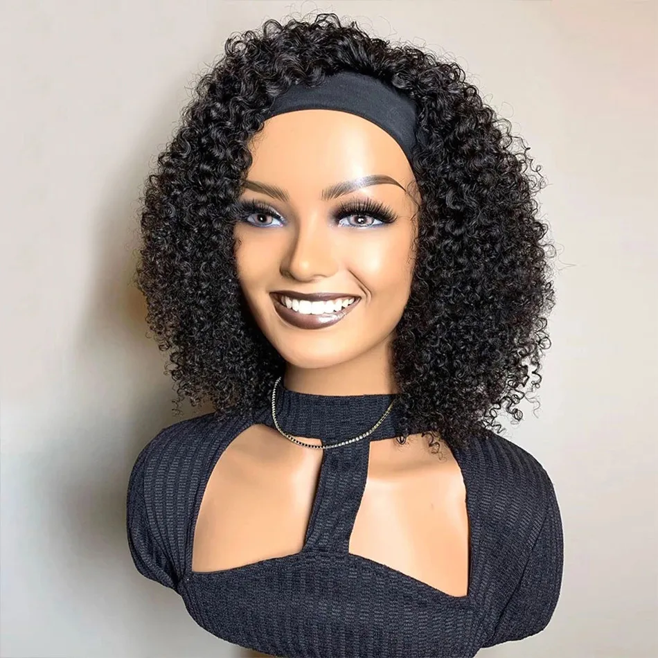 Headband Kinky Curly Black Human Hair Wig For Women Short Costume wigs