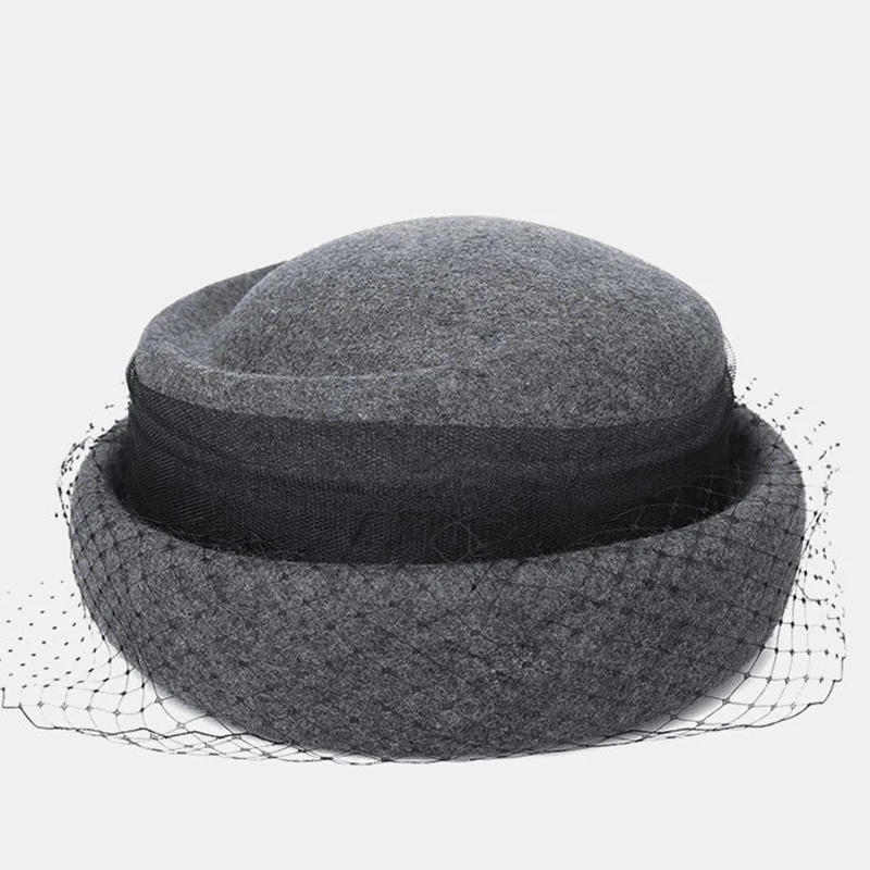 

100% Wool Beret Women Warm Winter Hat with Veil Netting Ladies Cloche Bowler Hat Church Wedding Dress Fascinator Felt Fedora Hat