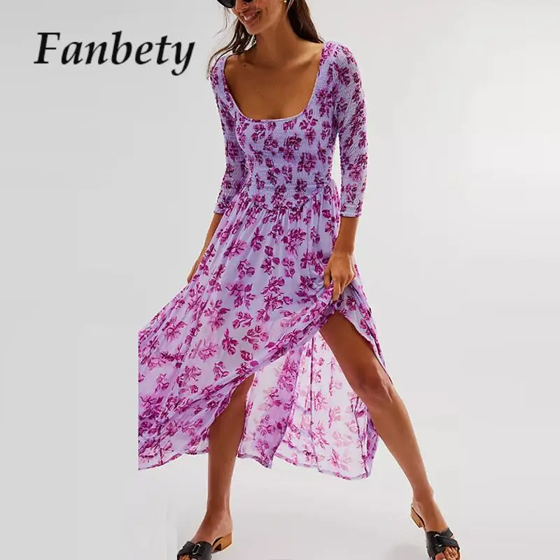 

Sexy U-neck Floral Print French Party Dress Fashion Long Sleeve Pleated Loose Long Dress Casual Women Elastic Waist Party Dress