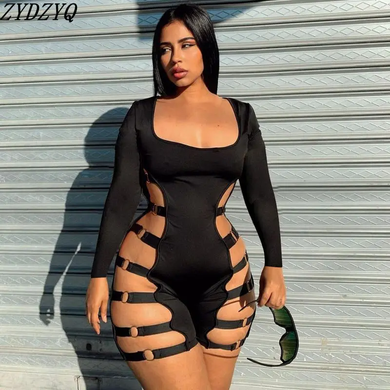 

Женский комбинезон ZYDZYQ, Осенний черный комбинезон с U-образным вырезом, сексуальные ажурные колготки, Цельный Наряд, одежда Y2k, одежда для но...