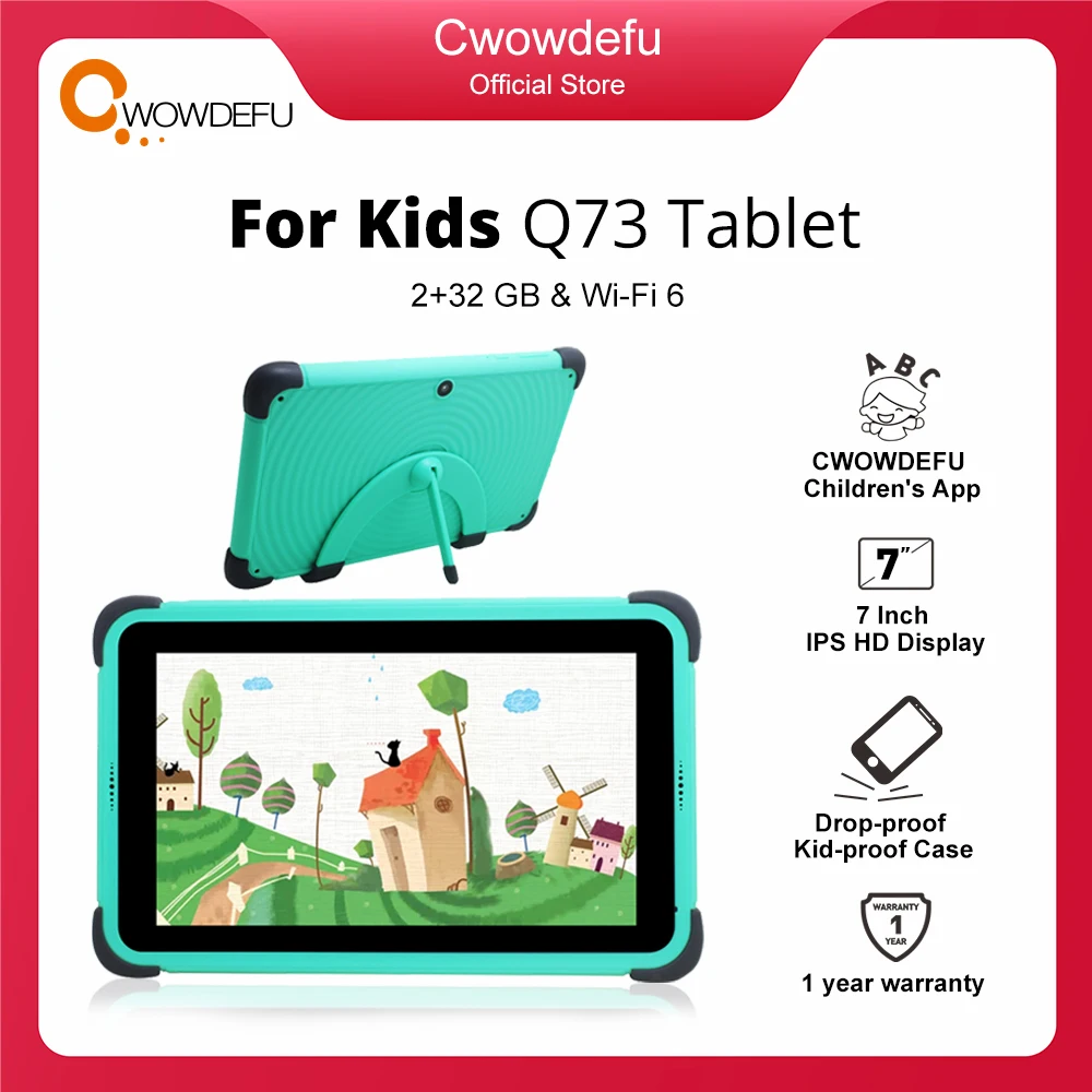 Green Kids Tablet 7'' HD 1024x600 Screen Android 11 Quad Core 2GB 32G 5Ghz WIFI 3000mAh Learning Children Tablet Drop-proof Case