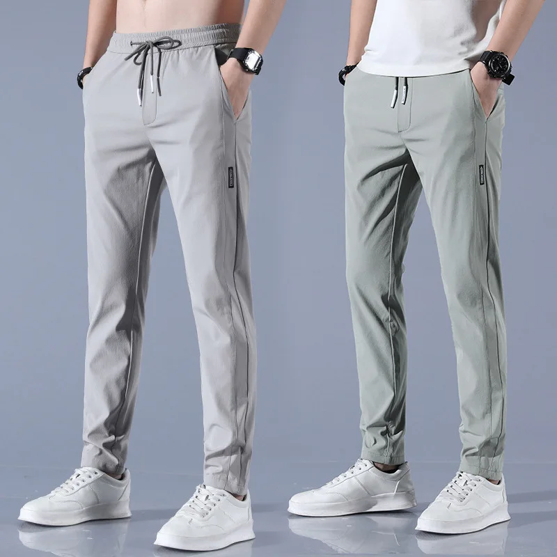 Summer Men Pants Thin Ice Silk Quick Dry Straight Stretch Elastic Waist Breathable Casual Sports Fishing Camping Male Trousers