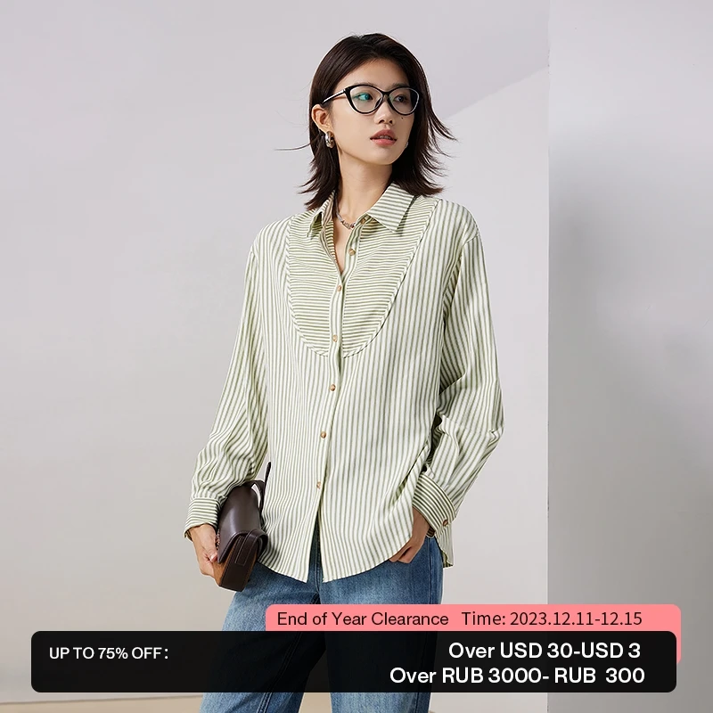 

Toyouth Women Shirts 2023 Autumn Long Sleeve Polo Neck Loose Blouse Classic Green and White Stripe Stitching Casual Tops