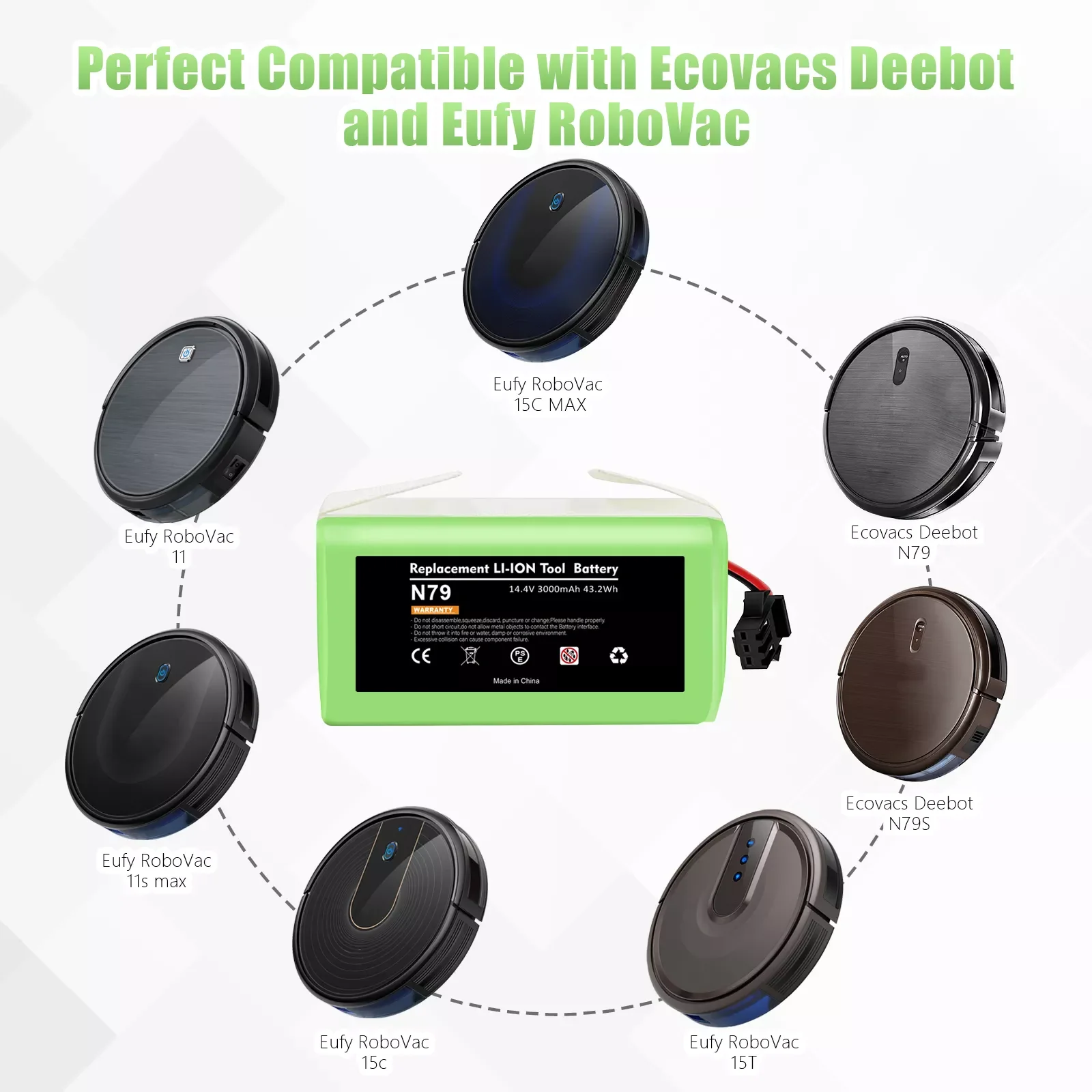 

2023NEW Powtree N79S N79 14.4V 3000mAh Li-ion Battery for Ecovacs Deebot N79S N79 DN622 Eufy Robovac 11 11S 12 15C 15S 35C X500