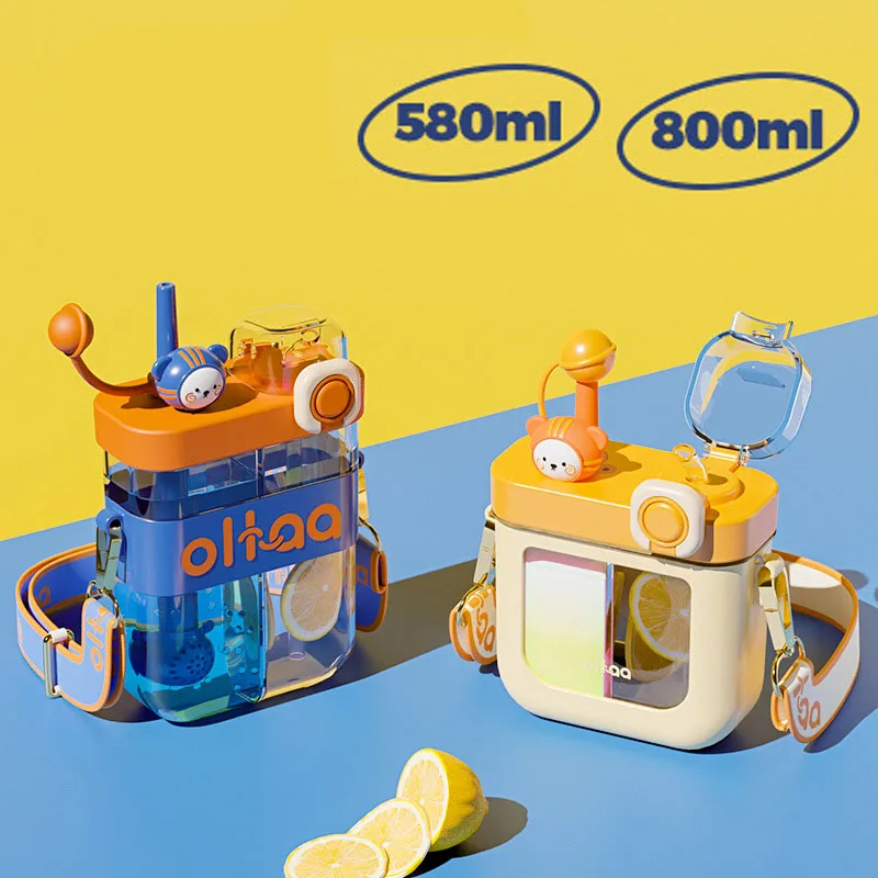 

Cute Plastic Silicone 580/800 ml Kawaii Flat Water Bottle for Girls and kids Double Drink bottle with Straw filter