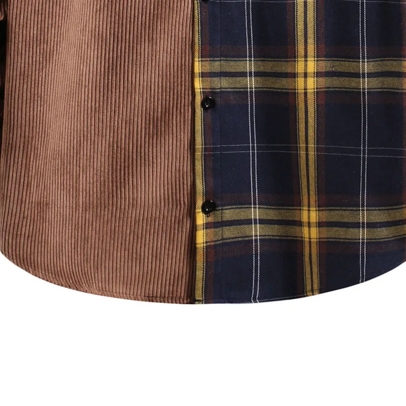 Men's Corduroy Long Sleeve Shirt Autumn and Winter New Plaid Color Matching Blouse Men Cotton Casual Square Collar Top S-2XL