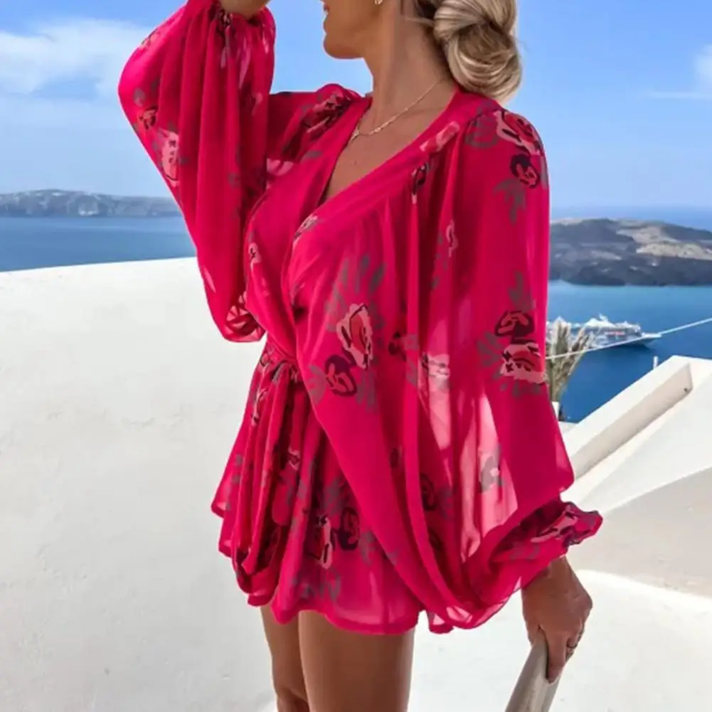 

2 Pcs/Set Women Tops Shorts Set Loose Type Above Knee Soft Fabric Rich Colors Baggy Deep V Neck Long Sleeves set women 2 pieces