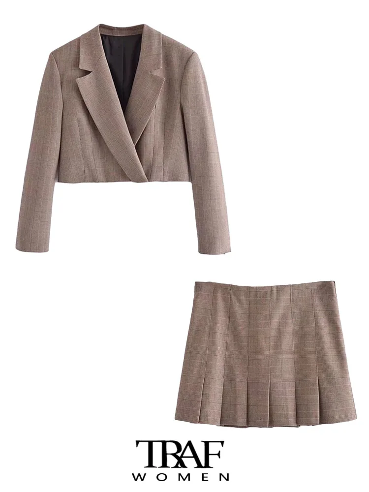 

TRAF Women Fashion Cropped Check Blazer Coat Vintage Long Sleeve Snap-button Female Outerwear Chic Veste Femme