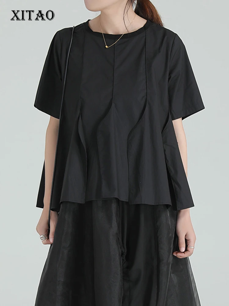 

XITAO Black Blouse Fashion Pleated Goddess Fan Casual Style Loose 2022 Summer Solid Color Minority Elegant Shirt WMD6113