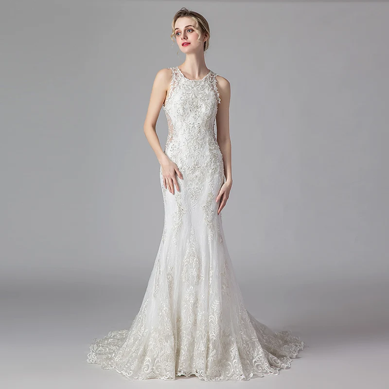 

Illusion Back Mermaid Wedding Dresses Sexy Sleeveless Bridal Gowns Vestido De Novia Sweep Train Bride Gowns 5930