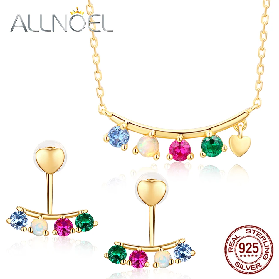 

ALLNOEL Natural Opal Gemstone Fine Jewelry Sets Diamond For Women Necklace Earrings 100% Sterling Silver 925 Gold Wedding Gift