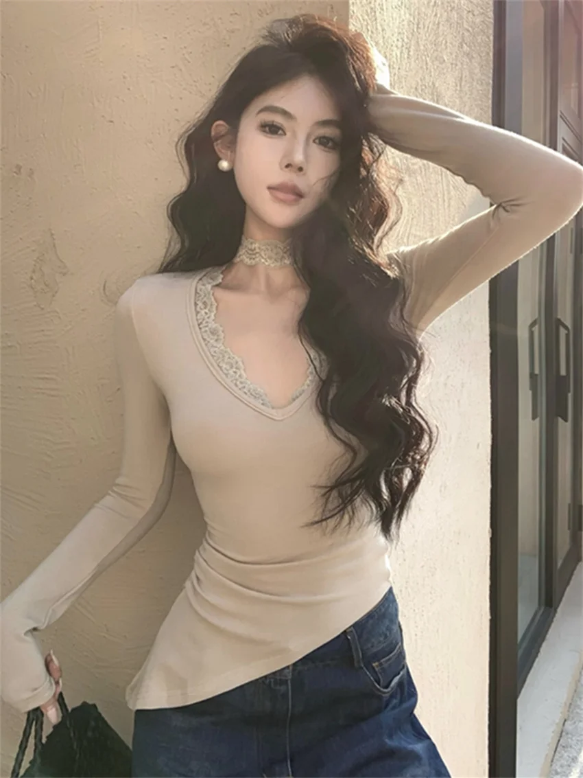 Женская Кружевная футболка с V-образным вырезом и длинным рукавом