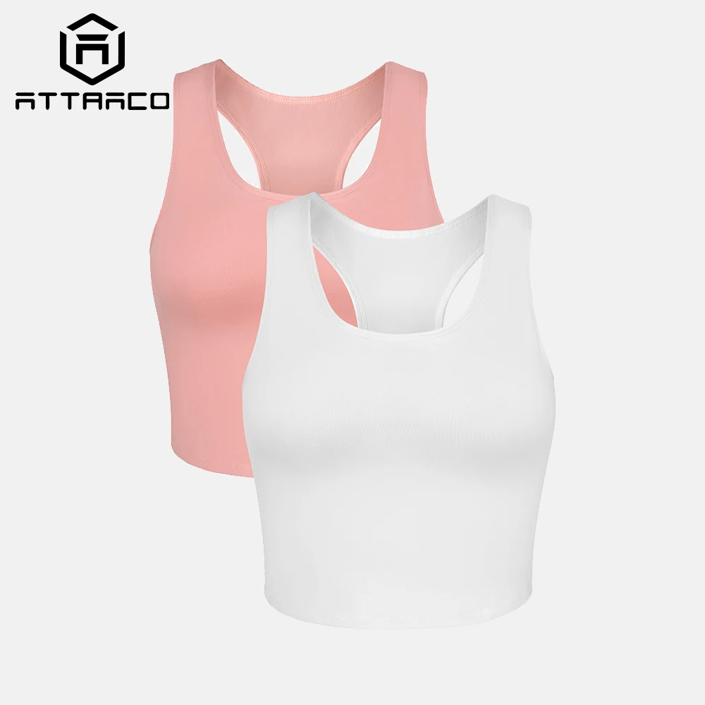 

ATTRACO Women Camisole Sporty Solid Tank Tops 2pcs Basic Short Crop Top Built-in Chest Pad Soft Vest