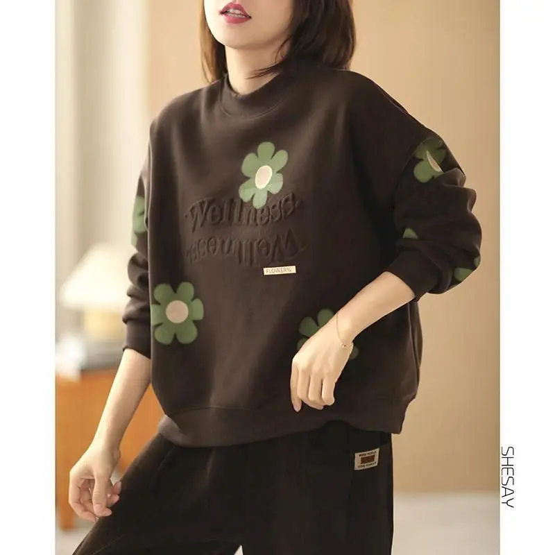 

Plus Velvet Warm Pullover Women Winter 2022 New 3D Three-dimensional Letter Crewneck Loose Bottoming Shirt Retro All-match Tops