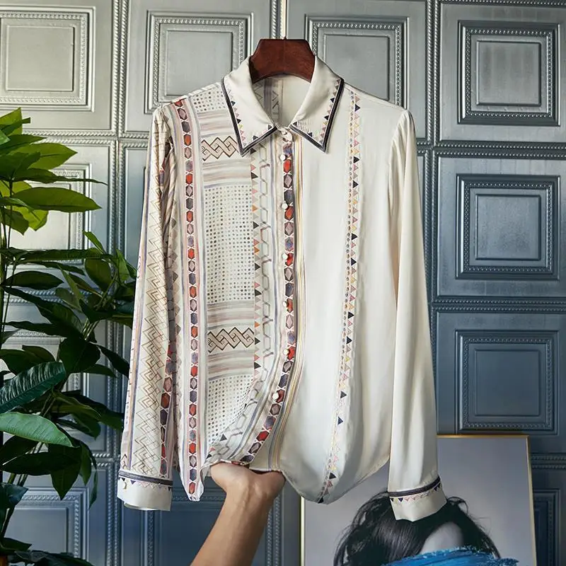 

Imitation Silk Shirt Women's Embroidered Retro Printed Top 2022 Autumn New Embroidered Long Sleeve Shirt
