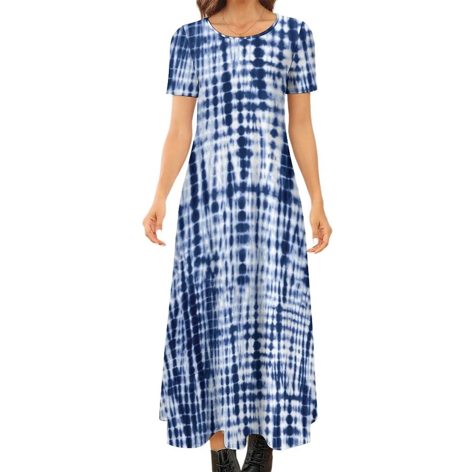 

Blue Tie Dye Pattern Dress Artistic Vintage Print Party Maxi Dress Funny Boho Beach Long Dresses Short Sleeve Oversized Clothes