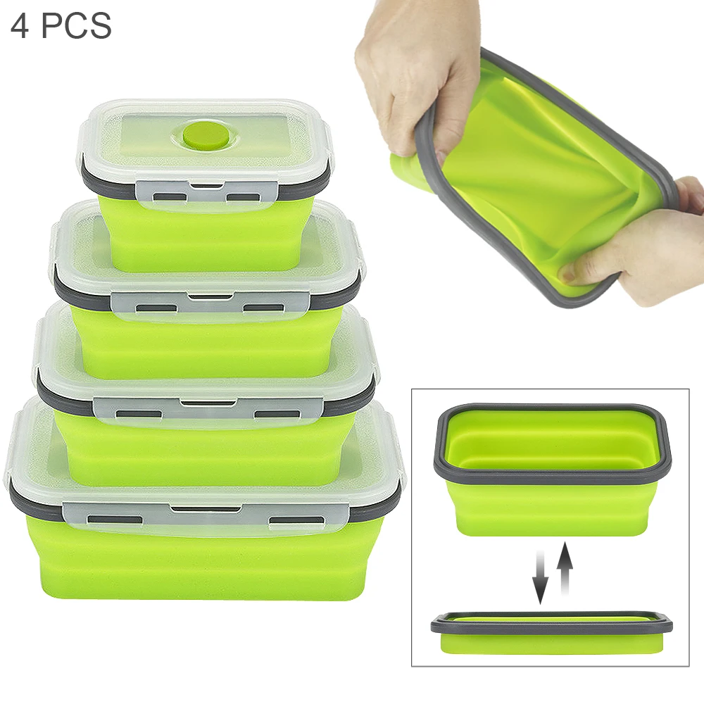 

4pcs/set Portable Lightweight Rectangle Silicone Scalable Folding Lunchbox Bento Box with Silicone Sealing Plug