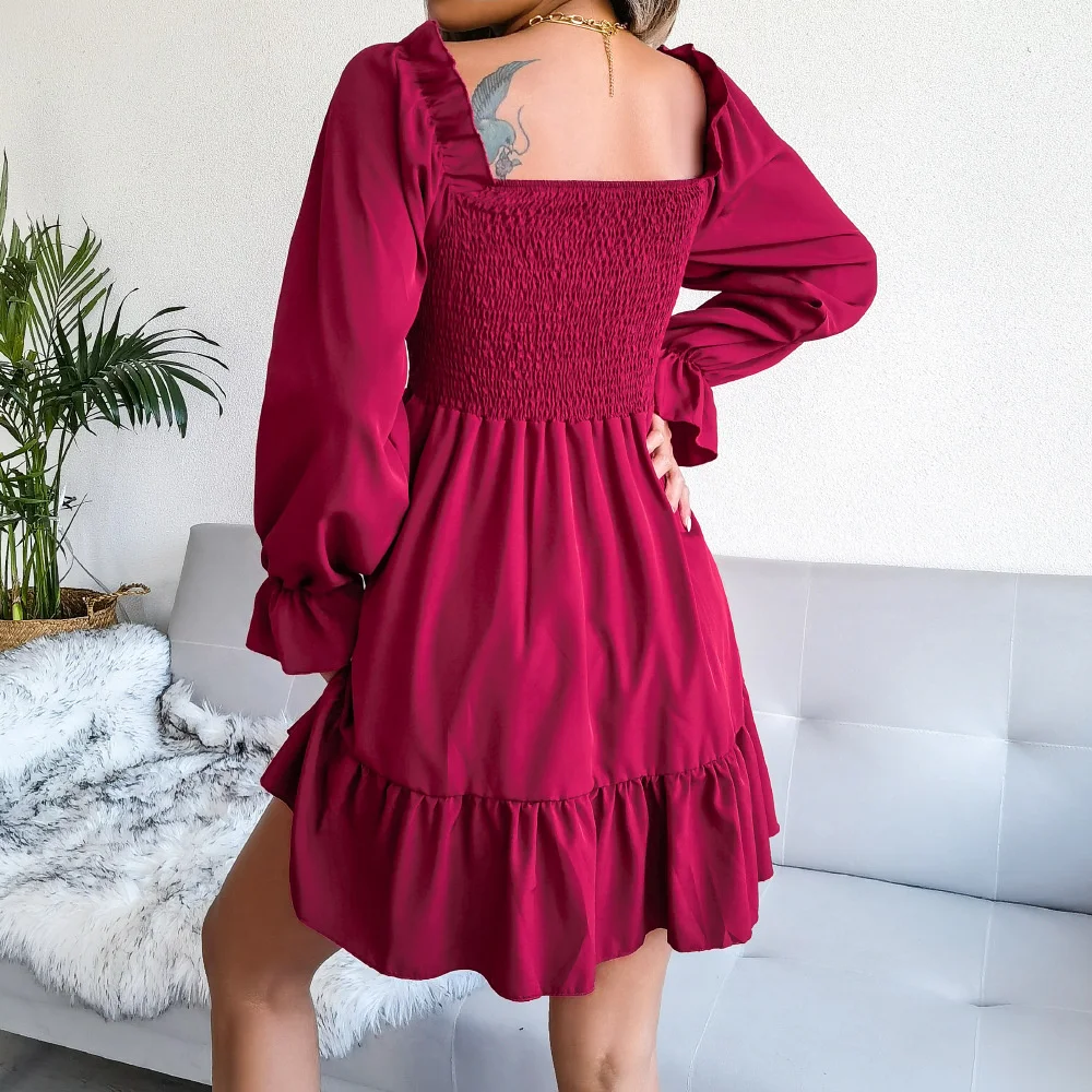

Casual loose print 2023 new dress,Summerand autumn new square-neck flared long-sleeved ruffled dress for women