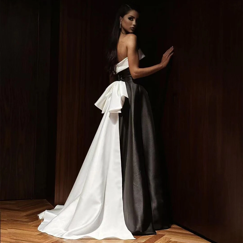 

Elegant Strapless Black with White A-Line Satin Formal Occasion Prom Dresses Floor-length Women Evening Party Dress