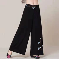 casual black linen pants wide leg pants national wind embroidery elastic waist spring summer trousers for women