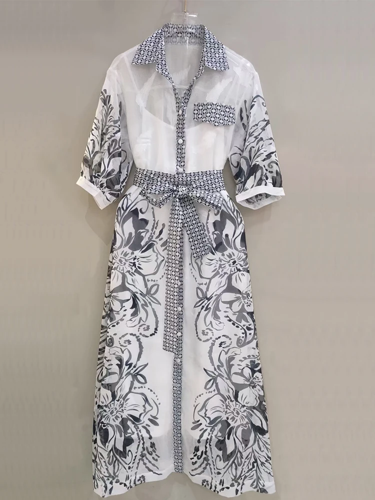 Женское винтажное платье-рубашка AELESEEN длинное прозрачное платье с отложным