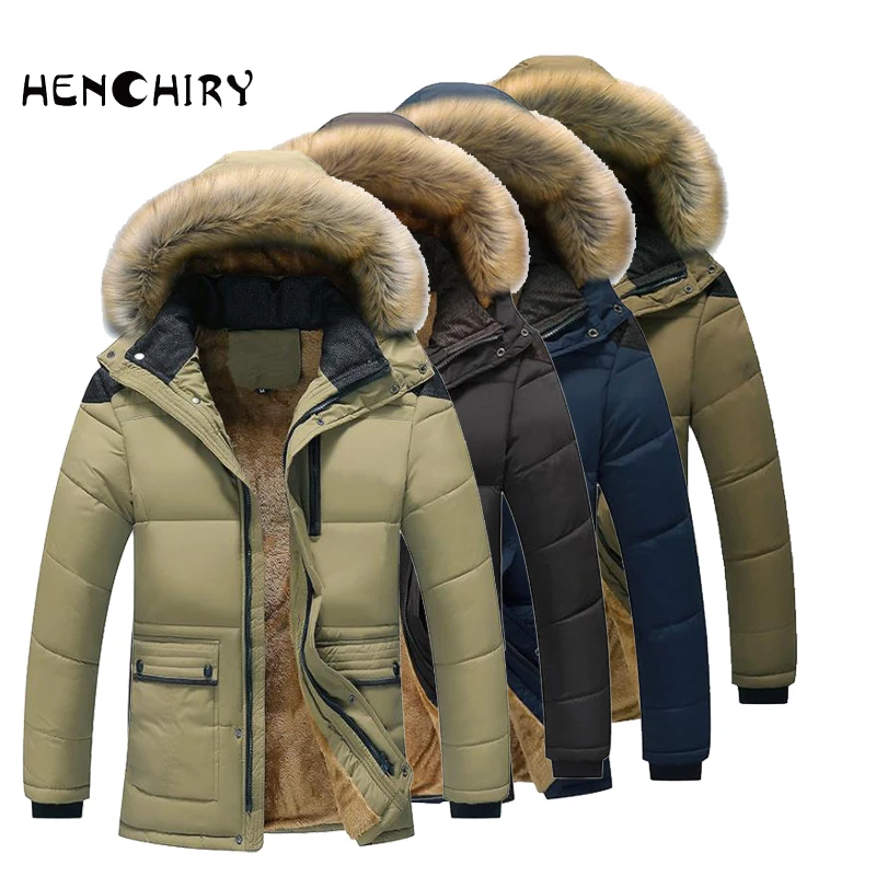 

2021 winter new thickened warm hooded solid color zipper fur collar cotton coat stitching contrast color fleece thick coat men