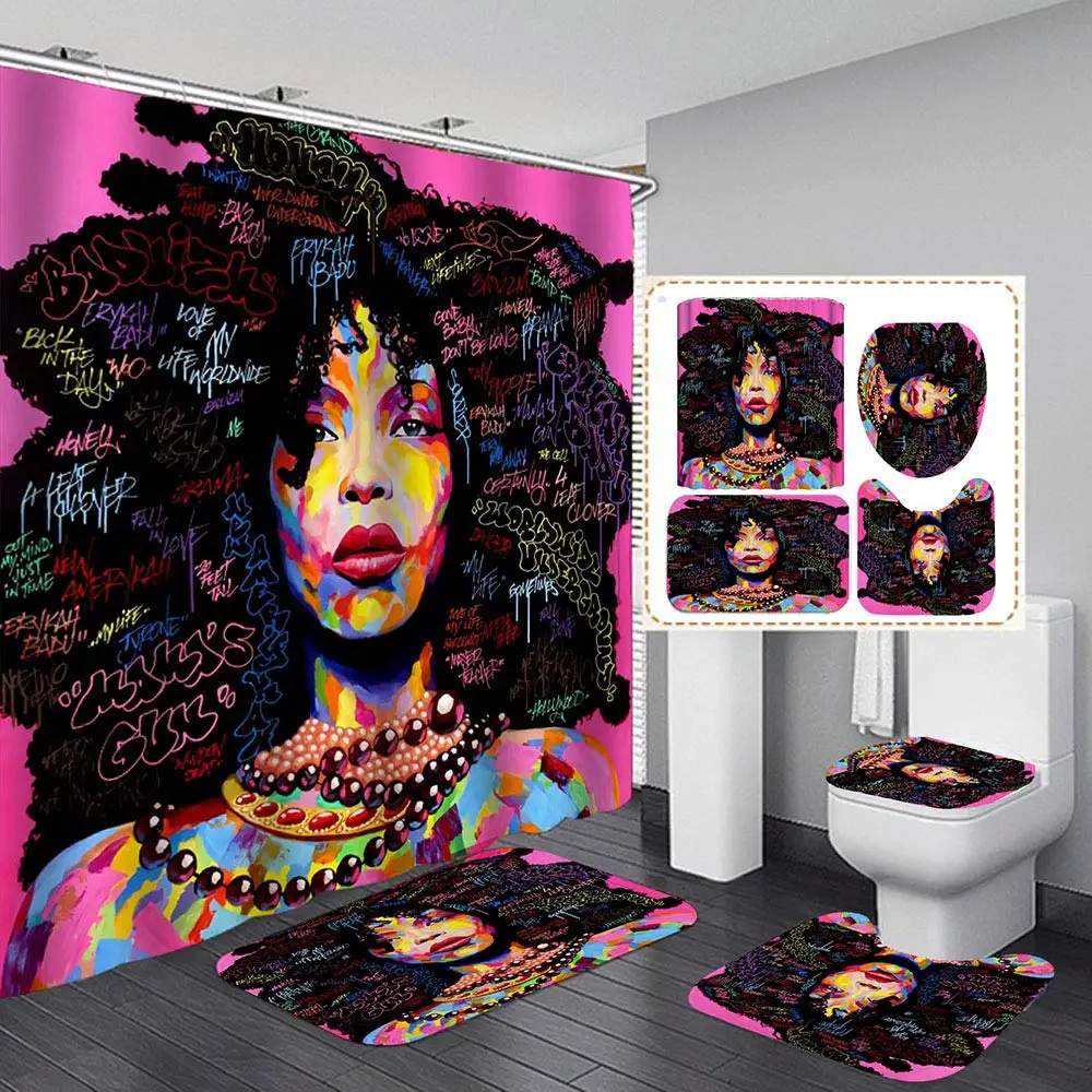 

Shower Curtain Set African American Black Girl Polyester with Hook Bathroom Bath Mat Non-Slip Rug Toilet Cover Modern Home Decor