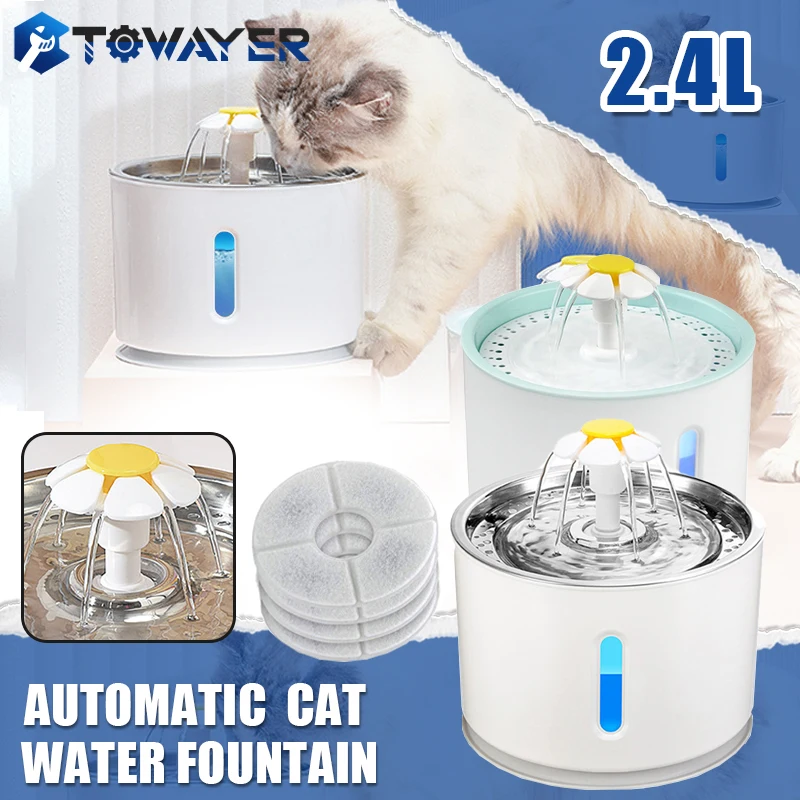 

2.4L Automatic Pet Cat Water Fountain with LED Lighting 4 Pack Filters USB Dogs Cats Mute Drinker Feeder Bowl Drinking Dispenser