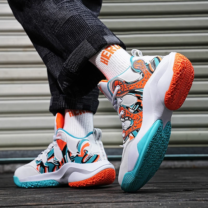 New Printed Basketball Shoes Men Teenagers Basketball Sneakers Breathable Cushioning Training Athletic Sneakers Men Sports Shoes