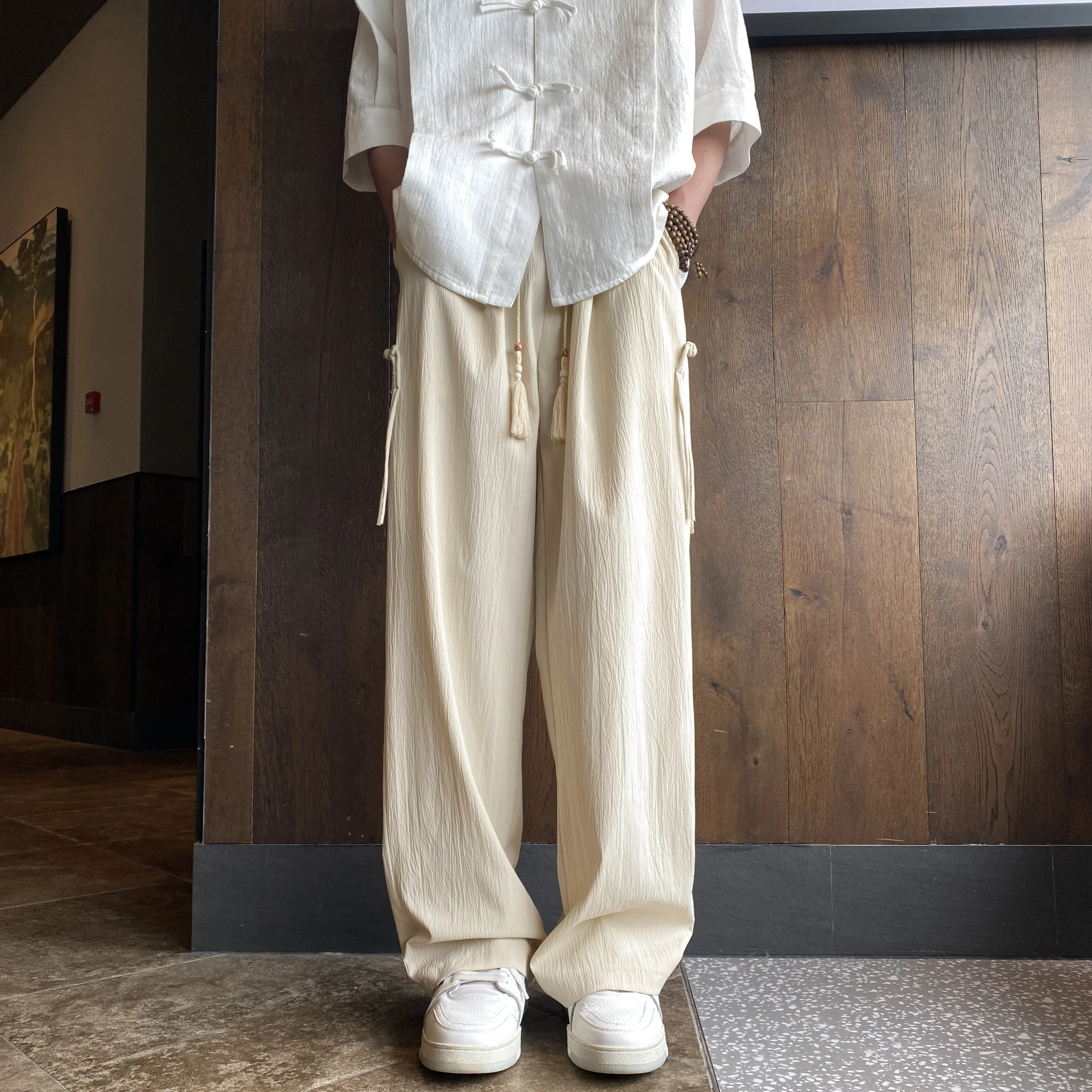 Летние новые дизайнерские Свободные повседневные брюки с китайской лентой