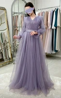 fashion a line tulle evening dress purple 2022 floor length sexy v neck prom dress long sleeve formal robes de soir%c3%a9e