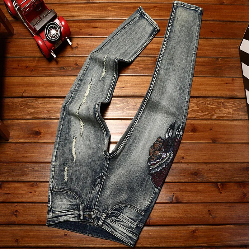 Индийские вышитые джинсы мужские Стрейчевые модные высококлассные облегающие