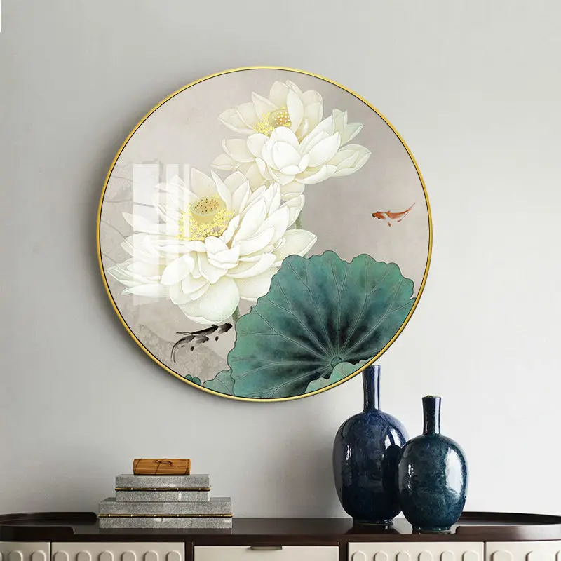 

Круглая декоративная картина в китайском стиле с лотосом, подвесная картина для гостиной, для прихожей, кабинета, чайной комнаты, входа