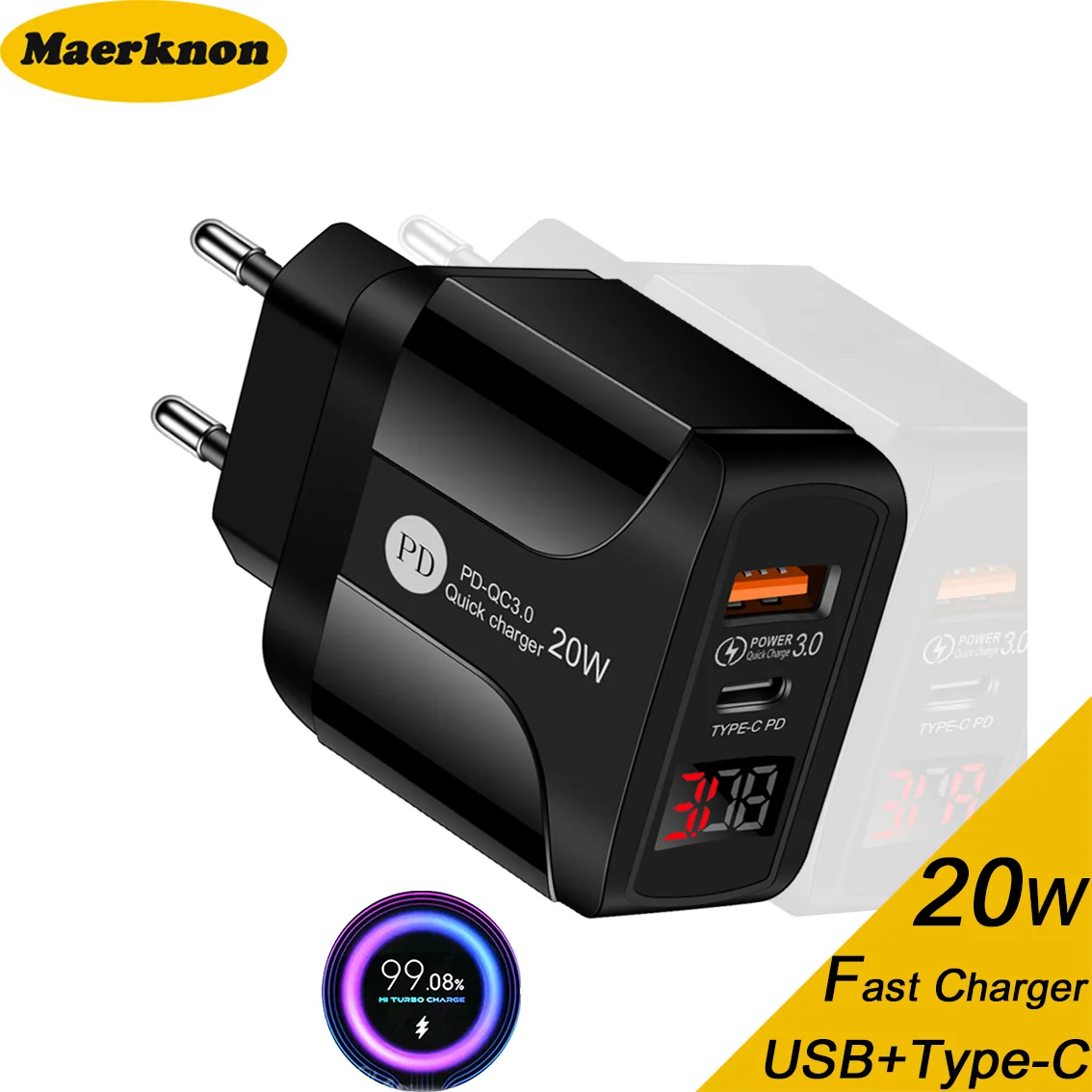 20W USB PD Type C Fast Charger Digital Display Mobile Phone Charger Adapter For Xiaomi iPhone 14 13 12 Pro Max Samsung S23 Ultra