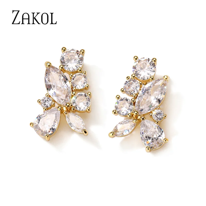 

ZAKOL Elegant Geometric Clear Color Marquise Zircon Stud Earrings CZ Crystal Flower Earring Luxury Bridal Wedding Jewelry EP5308