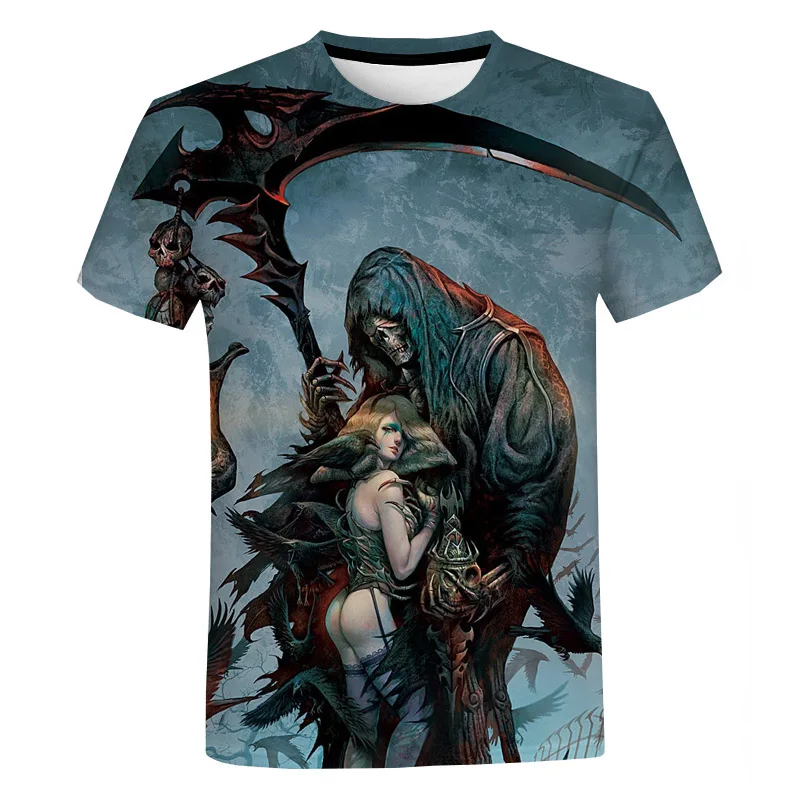 

Y2k Grim Reaper Horror Gothic Men's 3d T-Shirts Evil Style Halloween 3D Printed Festival short Sleeve Casual Street Tees Loose