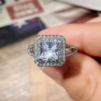 new wedding womens ring silver simulation diamond diamond ring simple and versatile princess diamond copper inlaid zircon ring