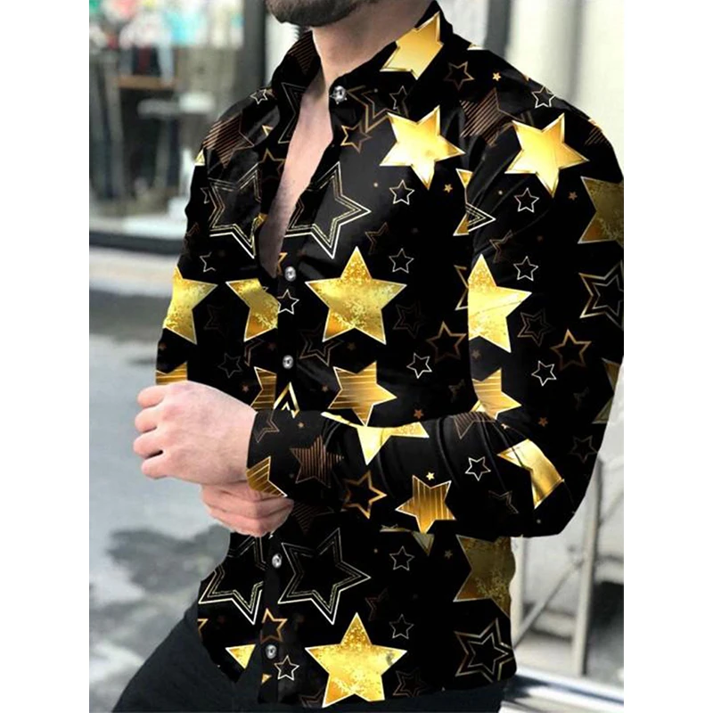 

Рубашка мужская с отложным воротником, повседневная с длинным рукавом, на пуговицах, с принтом звезд, Клубная одежда, кардиган для вечеринок