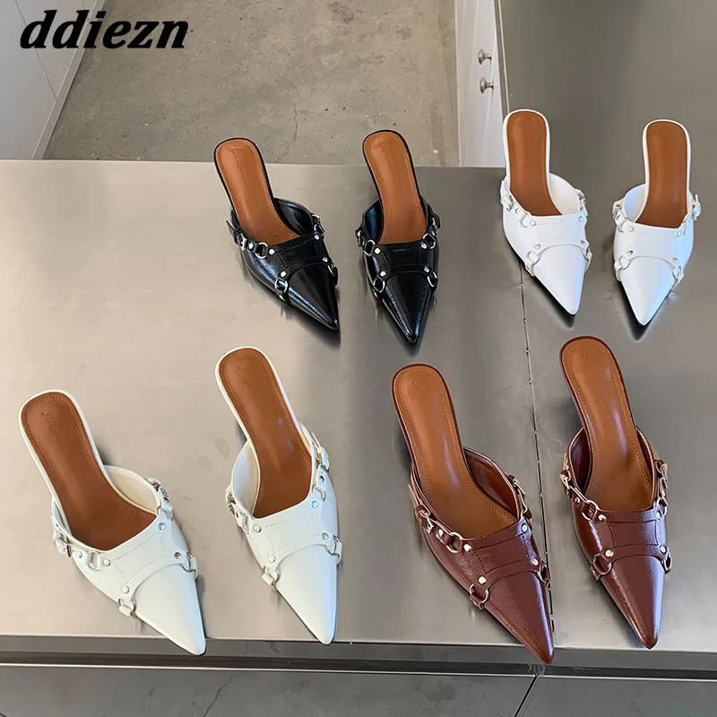 

Thin Heels Slippers For Women New 2023 Designer Fashion Buckle Ladies Mules Footwear Sandals Slip On Female Slides Pumps Shoes