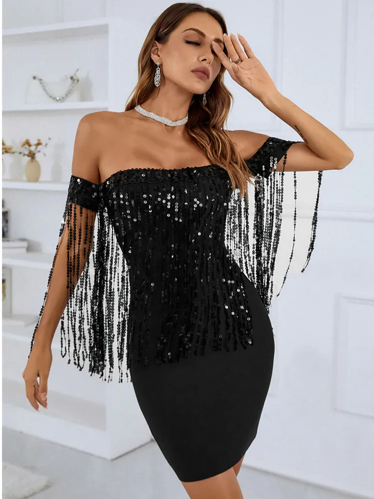 

High Quality Women Off Shoulder Sequined Tassel Bodycon Mini Bandage Dress Celebrity Evening Club Party Going Out Dresses