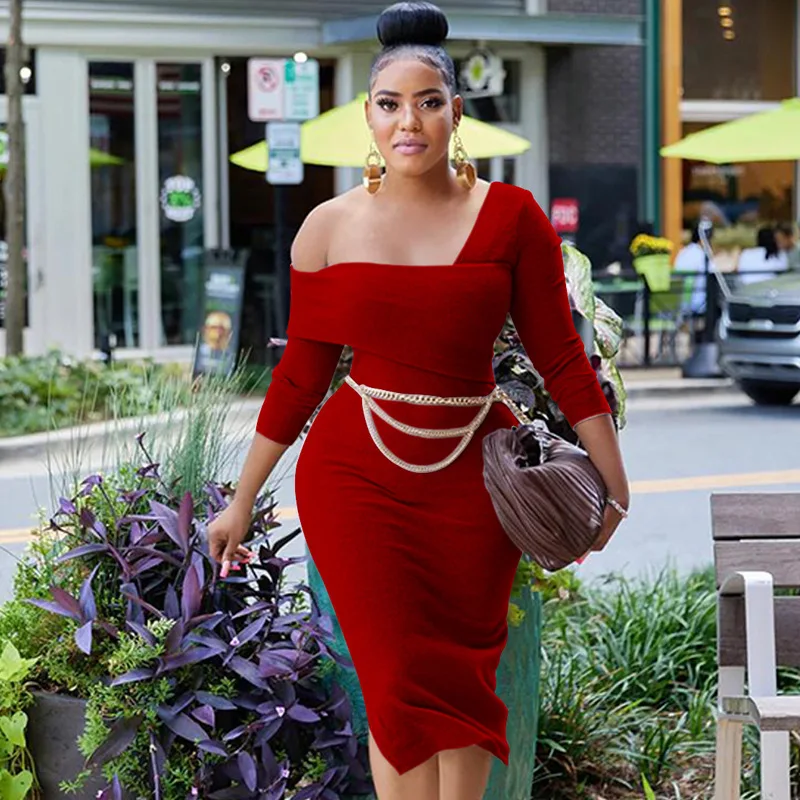 

2022 Autumn Women's Fashion Solid Color Sexy Inclined Collar Long Sleeve Waist Slim Tight Hip Dress Belt