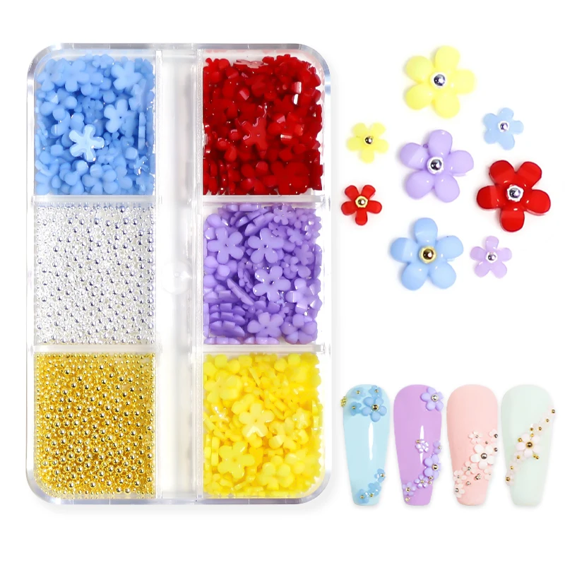 

Nail Art Decoration 6 Grids 3D Acrylic Flower Metal Rivet Mix Rhinestones Gold Silver Gem Beads Charms Manicure Accessories