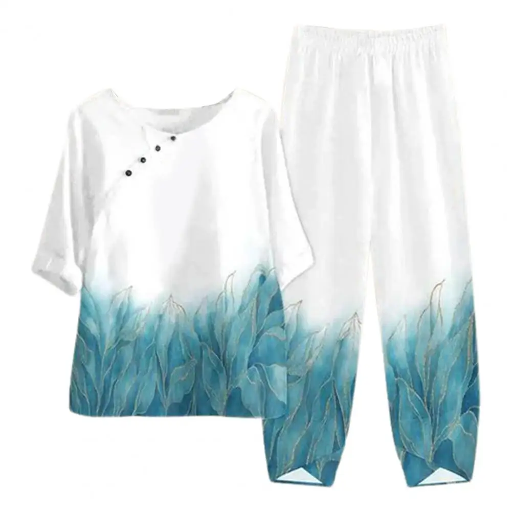 

Women Two-piece Set Printed Women's Homewear Set Stylish Round Neck Top Wide Leg Pants for Casual Comfort Comfortable Two-piece