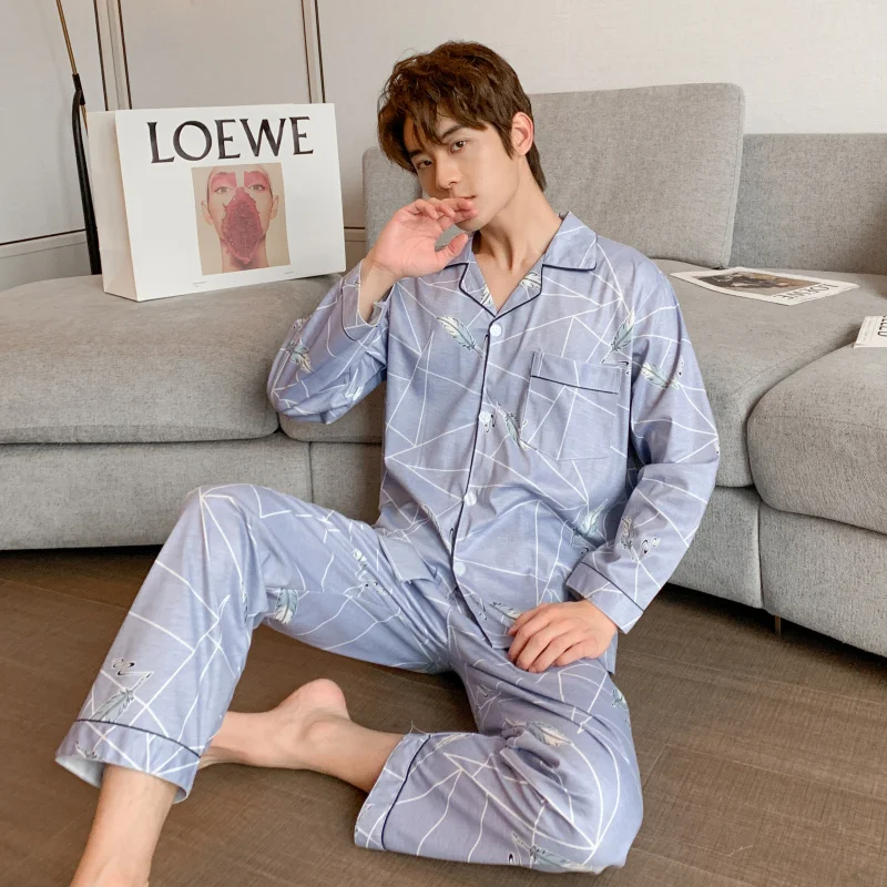 CAIYIER Autumn Winter Pajamas Set For Men Grid Print Long Sleeve Cardigan Casual Sleepwear Male Simple Leisure Homewear XL-3XL