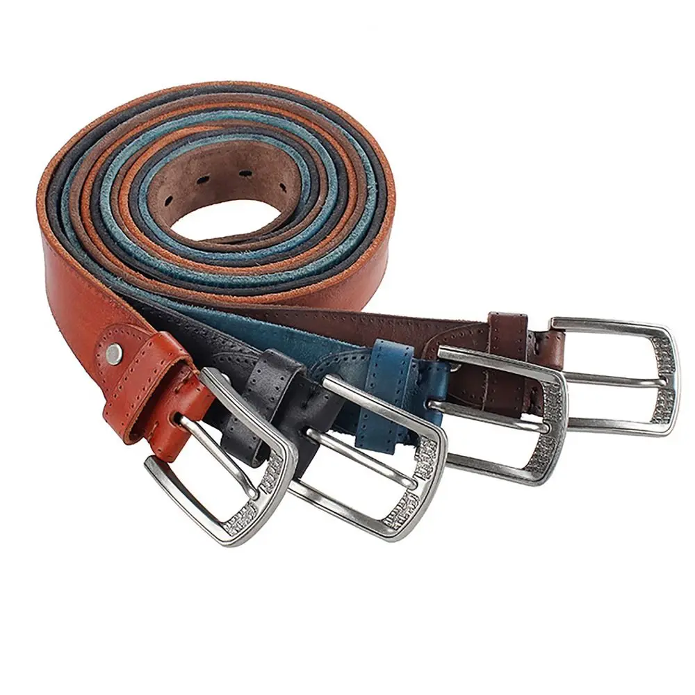 

Leather Men's Belt Trend Black Blue 110 115 120 125 130CM Waist Strap Alloy Pin Buckle Natural Skin Cowhide Belt Male Female