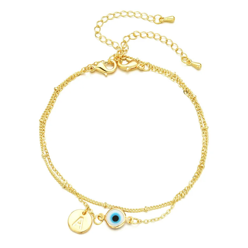 

S3111 Fashion Jewelry Gold Plated Evil Eye Anklet For Women Double Layer Chain Letter A Blue Eyes Anklets Bracelet