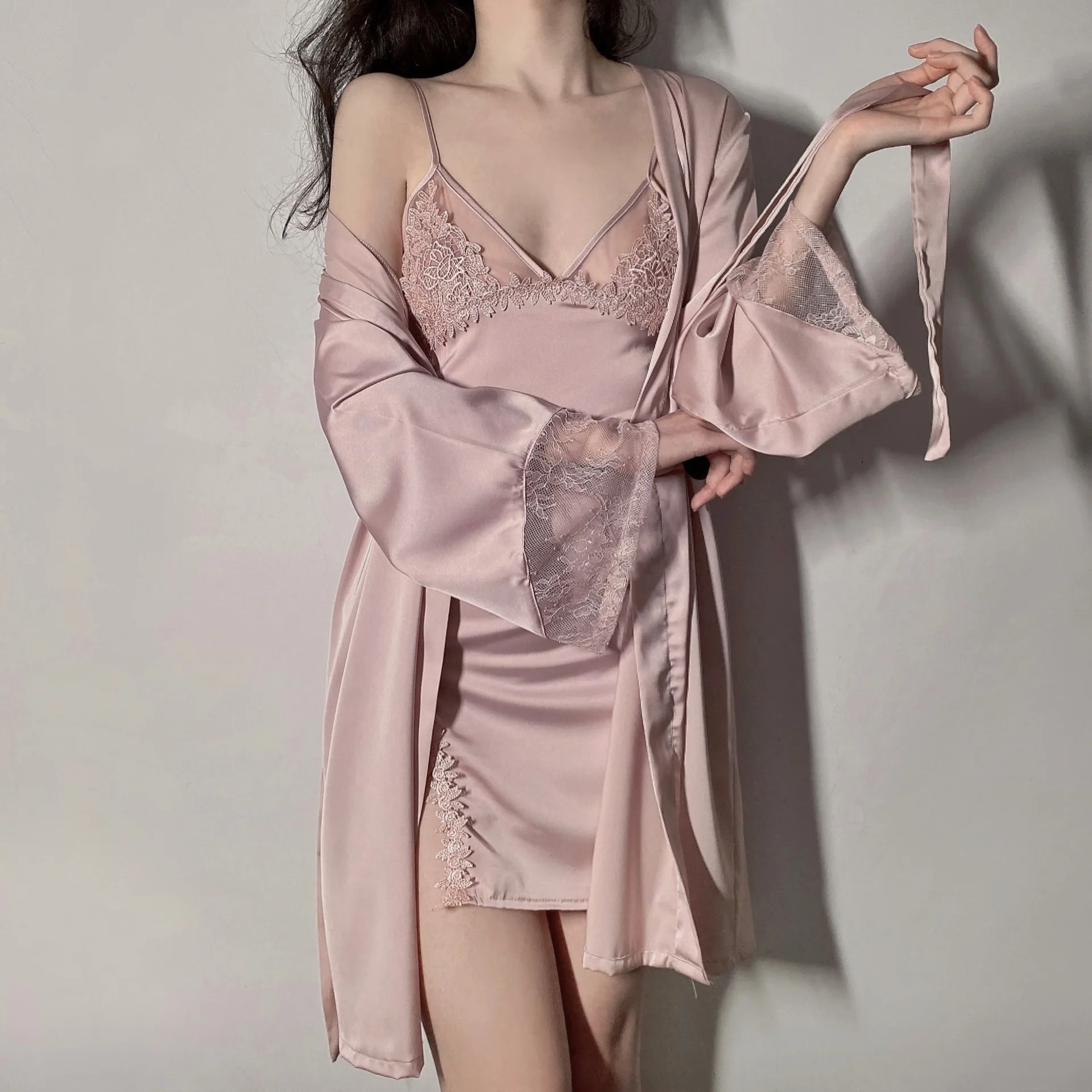 

Sexy Hollow Out Robe Gown Sets Spring Summer Ice Silk Women Home Dress Tempt Lace Sleepwear Sweet Nightgown Casual Nightwear
