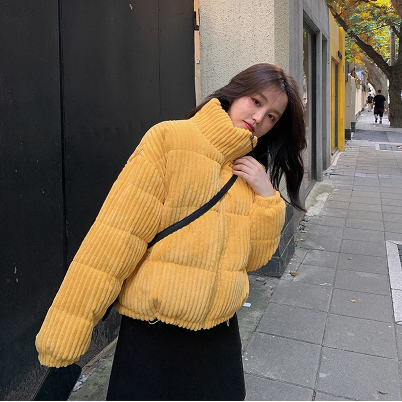 2021 New Winter Corduroy Short Jacket Women Korean Style Thick Zipper Cotton Parkas Woman Stand Collor Bubble Coats Warm Outwear