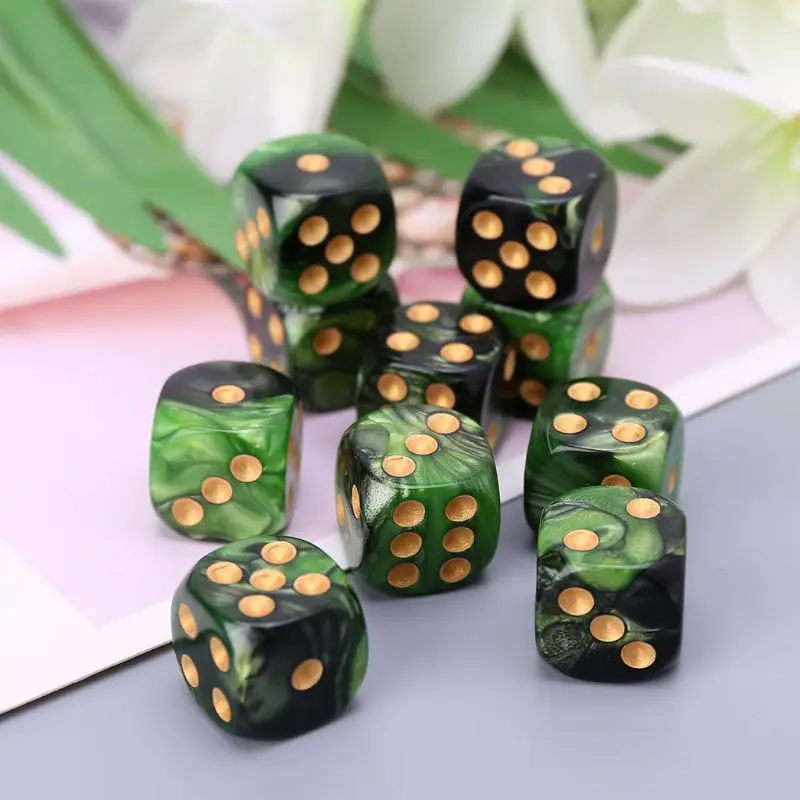

10Pcs Set Black Green 16mm Dot Dice Polyhedral Table Game Digital 6 Sided Number Dice for DND TRPG RPG D6 Board Gaming Dices Kit
